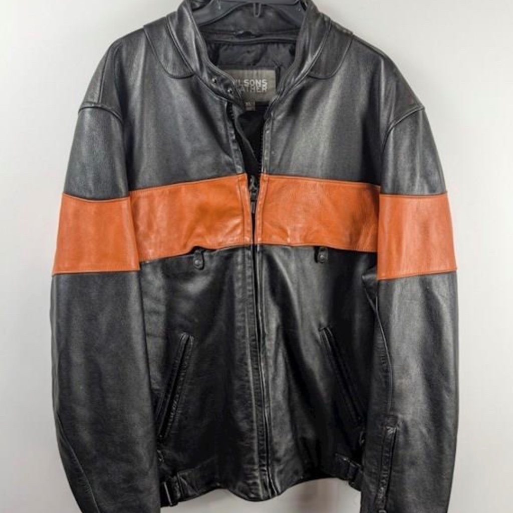 Wilsons Leather Moto Racer Jacket Black Orange Harley Stripe Size Xl
